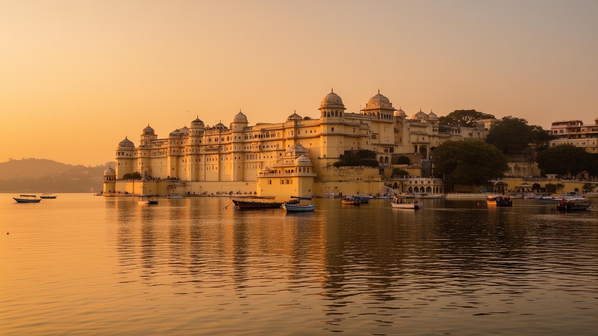 Udaipur City Palace and Lake Pichola at sunset